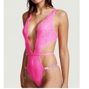 Victoria's Secret L CROTCHLESS TEDDY bodysuit one-piece PINK lace SHINE STRAP